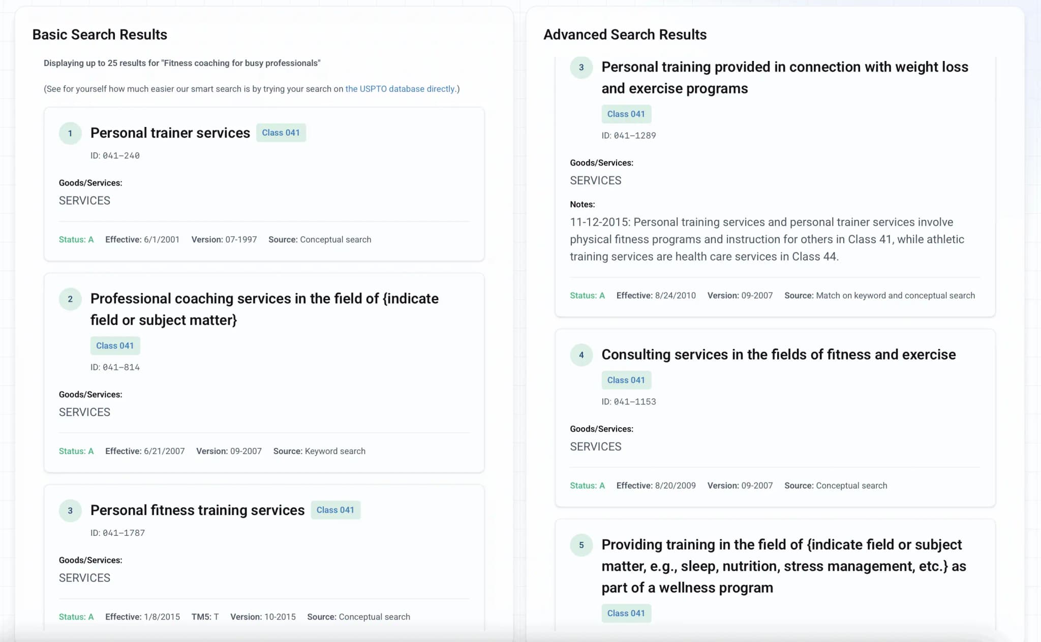 Trademark search demo showing results for 'Cafe containing kittens that customers can play with'
